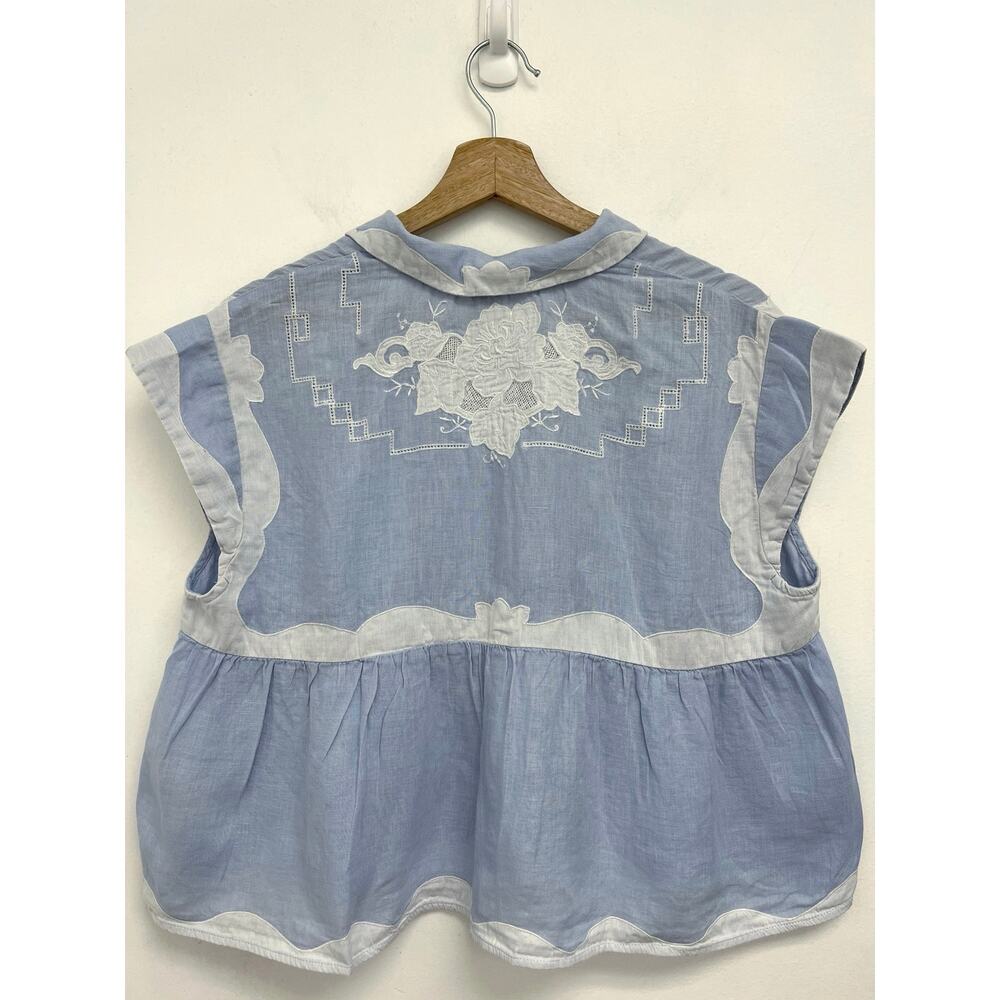 LIKE NEW Anthropologie Light Blue and Cream Short Sleeve Peplum Button Top - Picture 10 of 14
